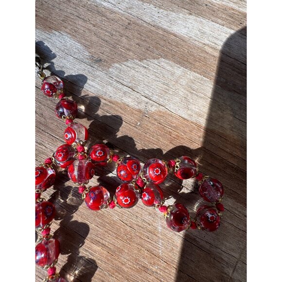 Vintage Red Murano Glass Bead Necklace With Floral Accents and Brass Spacers - Picture 6 of 6